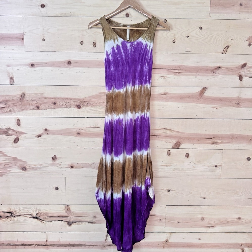 True Rock Purple Brown Tie Dye Rayon Maxi‎ Dress Women's M Boho Sleeveless